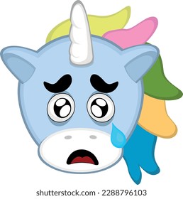 vector illustration unicorn cartoon face with a sad expression, watery eyes and a tear falling