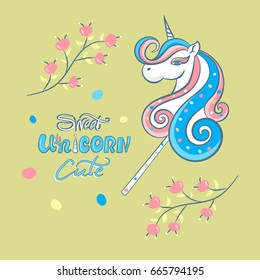 Vector illustration of a unicorn, cartoon. Head portrait horse, print a child's T-shirt, hand drawing of the lettering.