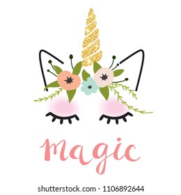 Vector illustration of unicorn in cartoon style. 'Magic' poster