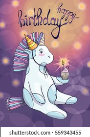 Vector illustration of a unicorn cartoon style. Happy birthday. Birthday card with unicorn.