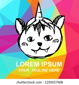 Vector Illustration of Unicorn Cat Logo Hand Drawn, Ink, Brush, Sketch with Geometric Polygon Background for Isolated Graphic Design Outline, Sign, Symbol and more