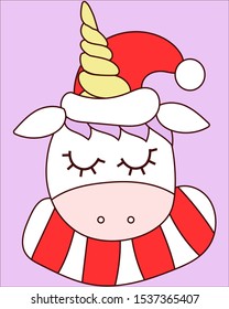 Vector illustration of a unicorn in a Christmas hat and scarf on a violet background with stroke