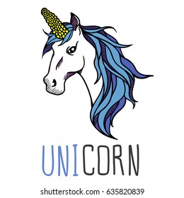 Vector illustration of a unicorn with corn and inscription. Original print, poster, sticker, color youth image. Horse's head, Magic animal. White background