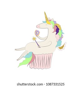 Vector illustration of unicorn cupcake card. Cute magic horse with gold texture in cartoon style. Isolated on white background.