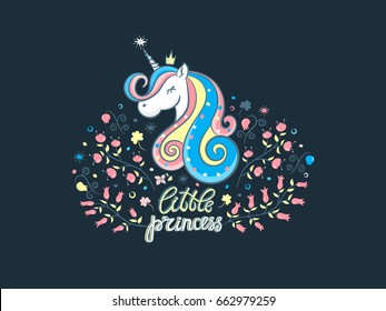 Ilustración vectorial con unicornio, elementos decorativos, flores, letras. Diseño para tarjetas, afiches, princesa, patrones. Imprima en la camiseta.