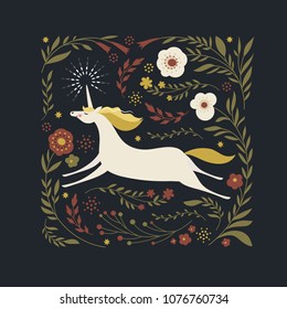 Vector illustration with Unicorn, decorative floral elements, on black background