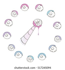 Vector illustration of a unicorn donuts arranged in a circle, with a unicorn horn and a falling donut glaze. Slim flat design line art to make a unicorn poster, invitation card