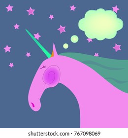 vector illustration of unicorn dreaming on a background of stars