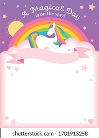 A vector illustration of a unicorn fanasy magic theme birthday party invitation with a rainbow, sun and purple sky with stars