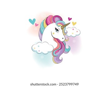 Ilustração vetorial, unicórnio, flores e estrelas. Design para impressão em camisa, cartaz, banner. Impressão encantadora para t-shirt.