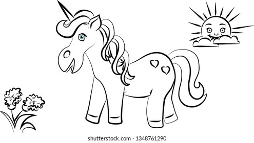 vector illustration of a unicorn of flowers and the sun behind the clouds
