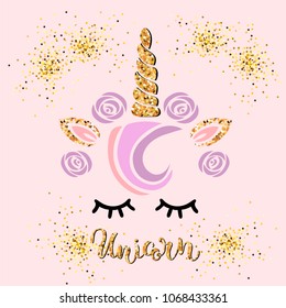 Vector illustration with Unicorn. Handwritten lettering Unicorn as patch, stick cake toppers, laser cut plastic, wooden toppers.Template for invitation, birthday, greetings, party, sweet baby menu