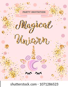 Vector illustration with Unicorn. Handwritten lettering Magical, Unicorn as patch, stick cake toppers, laser cut plastic, wooden toppers.Template for invitation, birthday, greetings, party, sweet menu