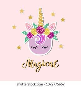 Vector illustration with Unicorn and Handwritten lettering Magical as patch, stick cake toppers, laser cut plastic, wooden toppers.Template for Unicorn party invitation, birthday, greeting card.