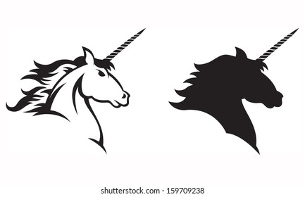 Vector illustration of a Unicorn head and shoulders. Includes line drawing and silhouette versions.