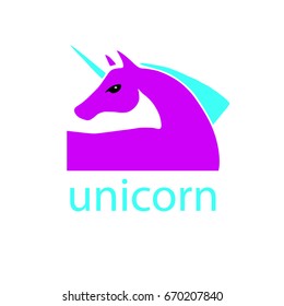 Vector illustration with unicorn head silhouette in pink and blue colors. Icon of unicorn head