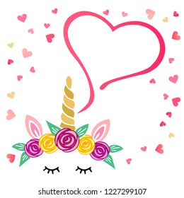 Vector illustration with Unicorn and hearts. Template for St. Valentine's Day, baby shower, Love you card, invitation, party, birthday, greetings card.