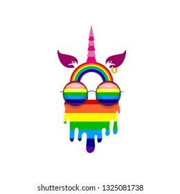 Vector illustration of unicorn horn and ears, rainbow and eyeglasses, sunglasses, vector flat cartoon emblem illustration isolated on white background