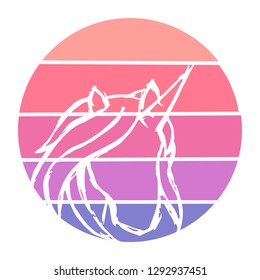 Vector Illustration of Unicorn Horse with Circle Sunset of Red, Pink, and Violet Color. Graphic Design for Background, T-shirt, Template, and More