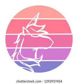 Vector Illustration of Unicorn Horse with Circle Sunset of Red, Pink, and Violet Color. Graphic Design for Background, T-shirt, Template, and More