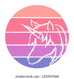 Vector Illustration of Unicorn Horse with Circle Sunset of Red, Pink, and Violet Color. Graphic Design for Background, T-shirt, Template, and More