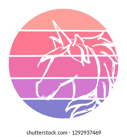 Vector Illustration of Unicorn Horse with Circle Sunset of Red, Pink, and Violet Color. Graphic Design for Background, T-shirt, Template, and More