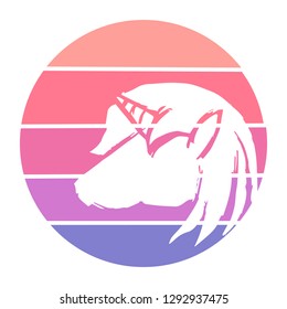 Vector Illustration of Unicorn Horse with Circle Sunset of Red, Pink, and Violet Color. Graphic Design for Background, T-shirt, Template, and More