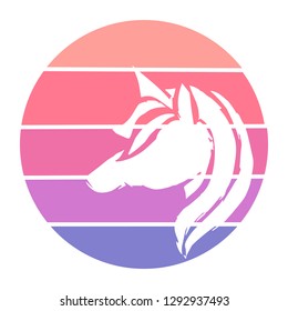 Vector Illustration of Unicorn Horse with Circle Sunset of Red, Pink, and Violet Color. Graphic Design for Background, T-shirt, Template, and More