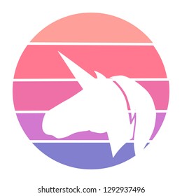 Vector Illustration of Unicorn Horse with Circle Sunset of Red, Pink, and Violet Color. Graphic Design for Background, T-shirt, Template, and More