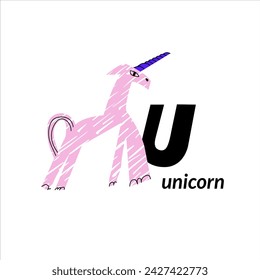 Vector illustration with unicorn horse and English capital letter U. childish alphabet for language learning	
