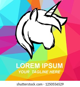 Vector Illustration of Unicorn Horse Logo Hand Drawn, Ink, Brush, Sketch with Geometric Polygon Background for Isolated Graphic Design Outline, Sign, Symbol and more