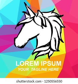 Vector Illustration of Unicorn Horse Logo Hand Drawn, Ink, Brush, Sketch with Geometric Polygon Background for Isolated Graphic Design Outline, Sign, Symbol and more