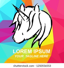 Vector Illustration of Unicorn Horse Logo Hand Drawn, Ink, Brush, Sketch with Geometric Polygon Background for Isolated Graphic Design Outline, Sign, Symbol and more