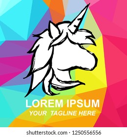 Vector Illustration of Unicorn Horse Logo Hand Drawn, Ink, Brush, Sketch with Geometric Polygon Background for Isolated Graphic Design Outline, Sign, Symbol and more