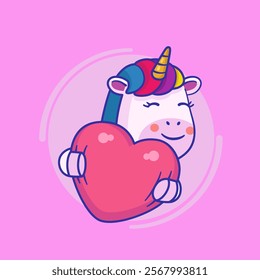 Vector illustration of unicorn hugging heart.