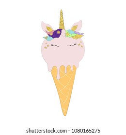 Vector illustration of unicorn ice cream cone card with gold texture. Cute magic horse in cartoon style. Isolated on white background.