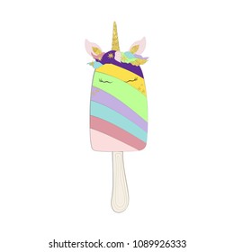 Vector illustration of unicorn ice cream card. Cute magic horse in cartoon style. Isolated on white background.