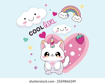 Vector illustration. Unicorn kitten surrounded by stars and rainbow. Design for printing on shirt, poster, banner, Lovely print for t-shirt.