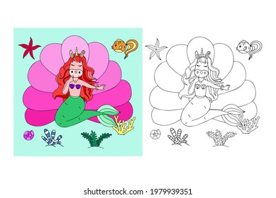 vector illustration with a unicorn mermaid for children's and adult books, clothing, office supplies