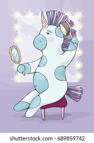 Vector illustration of a unicorn with a mirror and a comb. The unicorn, her mane in a cartoon style.