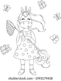 vector illustration of a unicorn with a net and butterflies, children's cute illustration for coloring book
