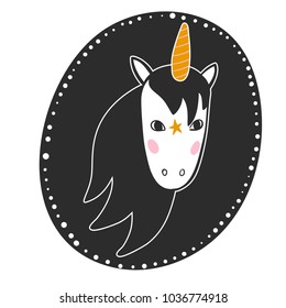Vector illustration of unicorn on a black organic form background for card, poster, print, nursery decoration