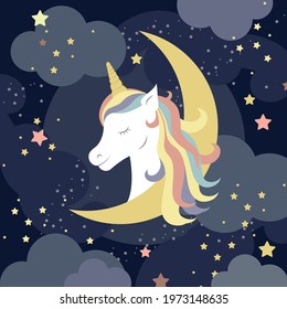 Vector illustration of a unicorn on the starry sky with the moon