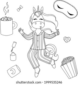 vector illustration of a unicorn on the theme of a pajama party for coloring books, children's illustration
