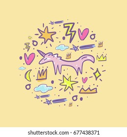 Vector illustration of a unicorn. Ornament in the circle, comets, moons, stars, crowns, hearts.