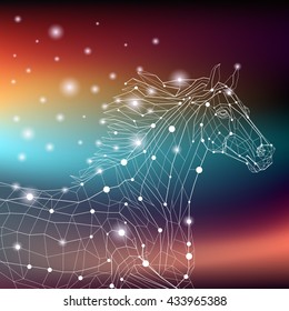 Vector illustration. The Unicorn in outline low poly geometric style on the cosmic rainbow background with glowing star light.