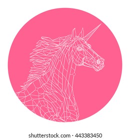 Vector illustration. The Unicorn in outline low poly geometric style on the pink round background. Also You can print it on your t-shirt