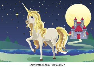 A vector illustration of a unicorn outside of a castle