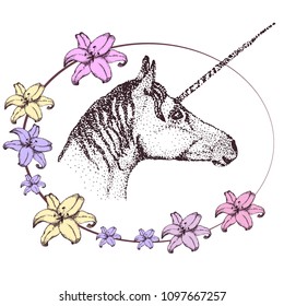 Vector illustration of a unicorn in an oval frame, surrounded by lilies