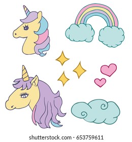 Vector illustration. Unicorn painted in hand, rainbow and clouds.